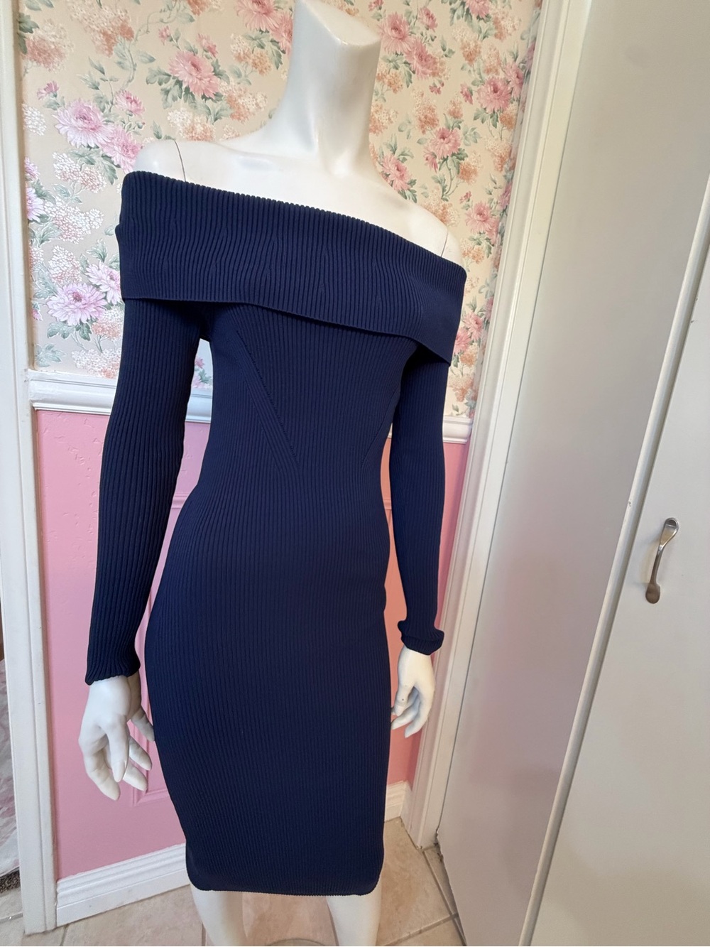Michael Kors Off-Shoulder Ribbed Knit Dress - Navy